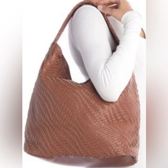Deux Lux Oversized Hobo Faux Leather Woven Shoulder Bag Cognac XXL - Picture 1 of 11